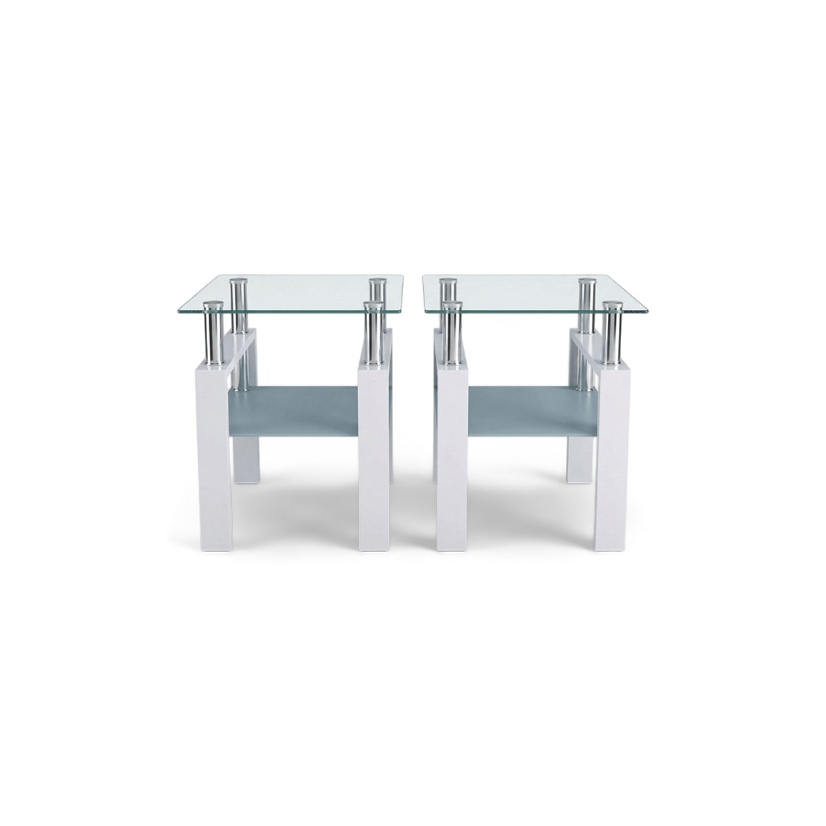 Set of 2 glass end tables with clear tempered glass tops, frosted lower shelves, chrome posts and white frames, front view