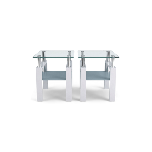Set of 2 glass end tables with clear tempered glass tops, frosted lower shelves, chrome posts and white frames, front view