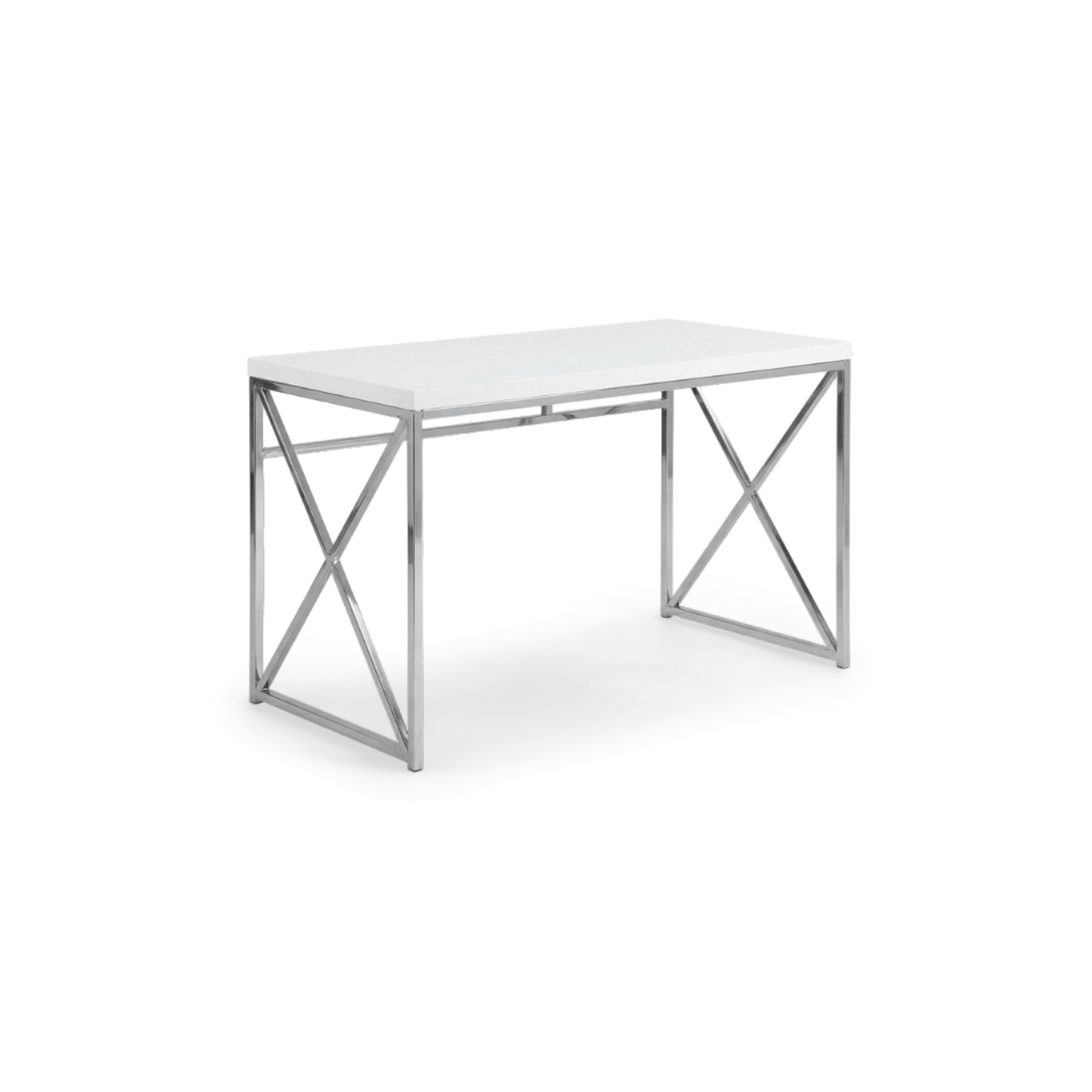 Chrome X-frame desk turned at an angle on a plain #f3f3f3 studio ground