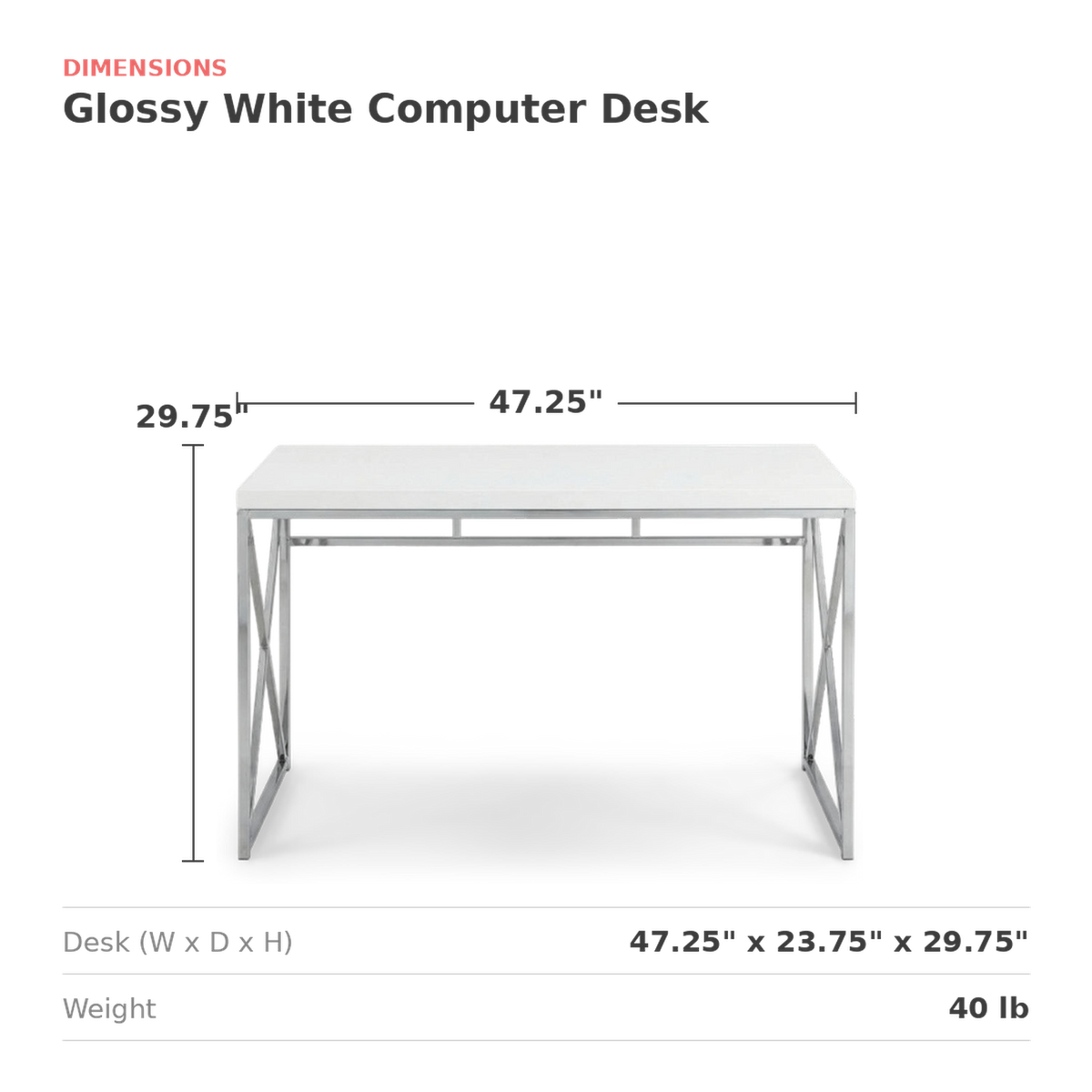 Dimensions card for the white desk with width, depth and height