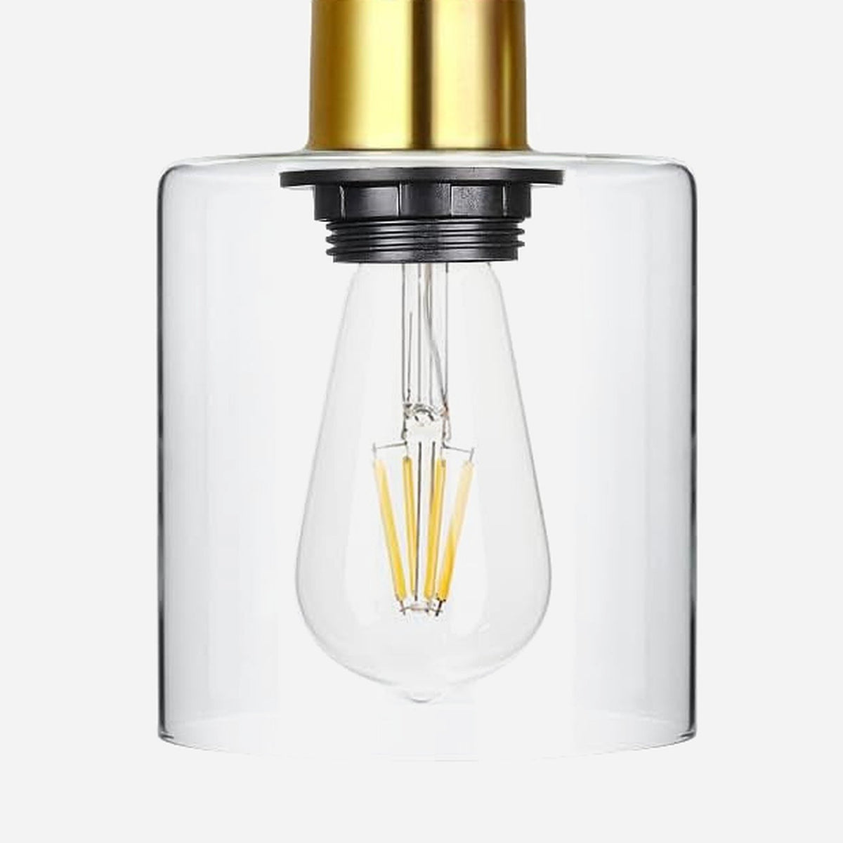 Clear 4 mm glass cylinder shade with ST45 filament bulb and black socket ring (close-up detail)