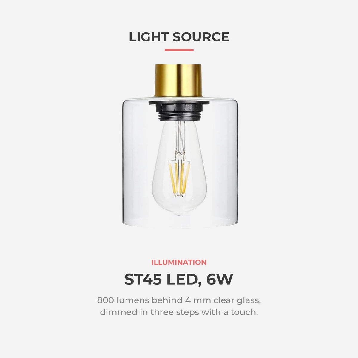 Light source: ST45 LED, 6W, 800 lumens, three-step touch dimming (feature callout)