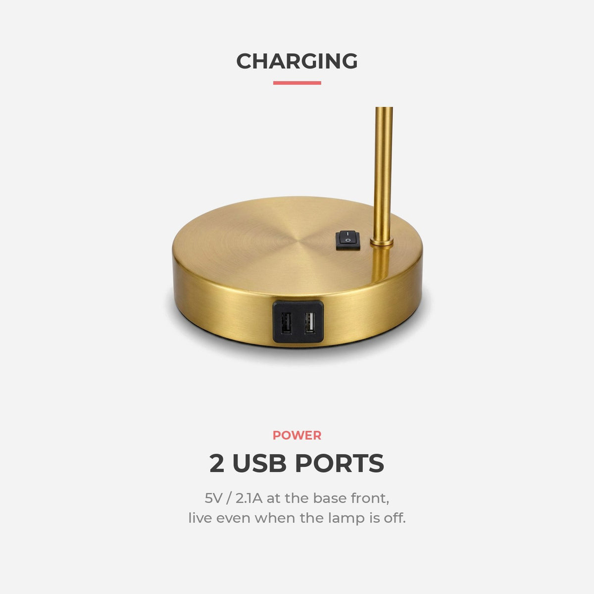 Charging: two USB ports, 5V/2.1A, live when the lamp is off (feature callout)