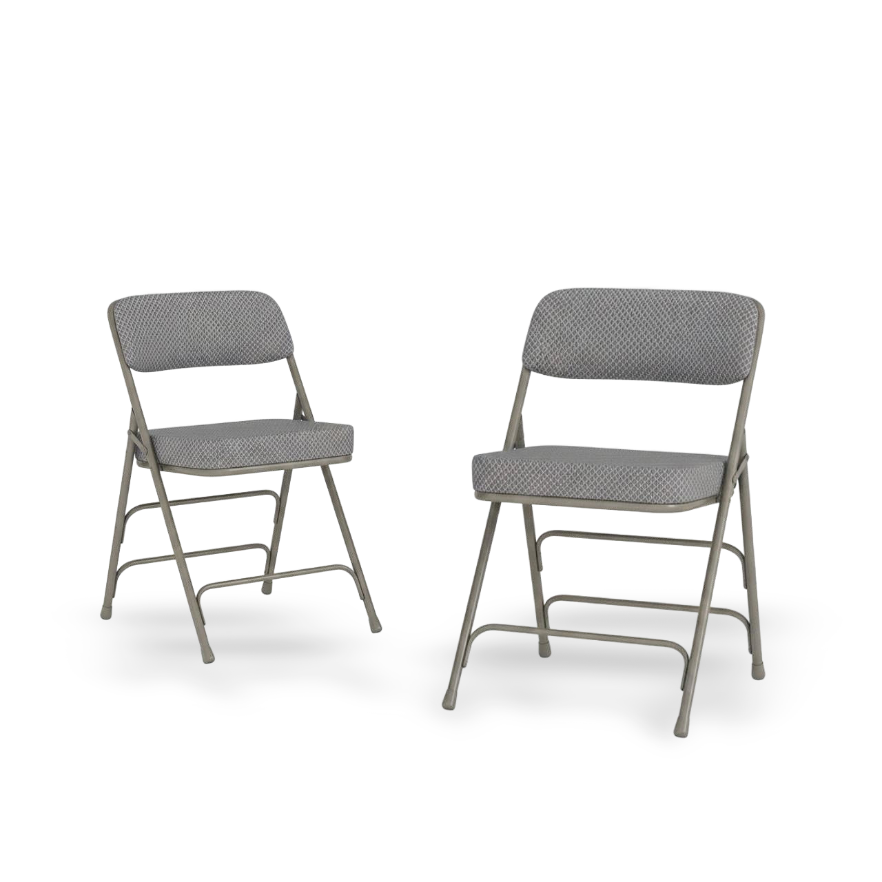 Two Hercules folding chairs with cushioned fabric seats and steel frames, 2-pack.
