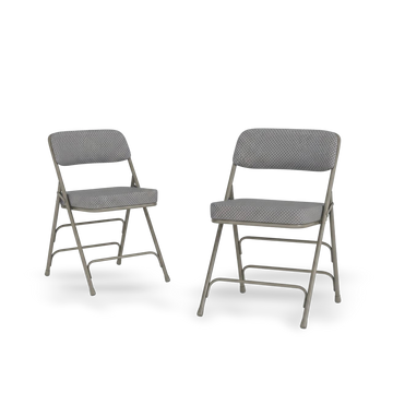 Two Hercules folding chairs with cushioned fabric seats and gray metal frames.