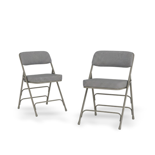 Two Hercules folding chairs with cushioned fabric seats and steel frames, 2-pack.