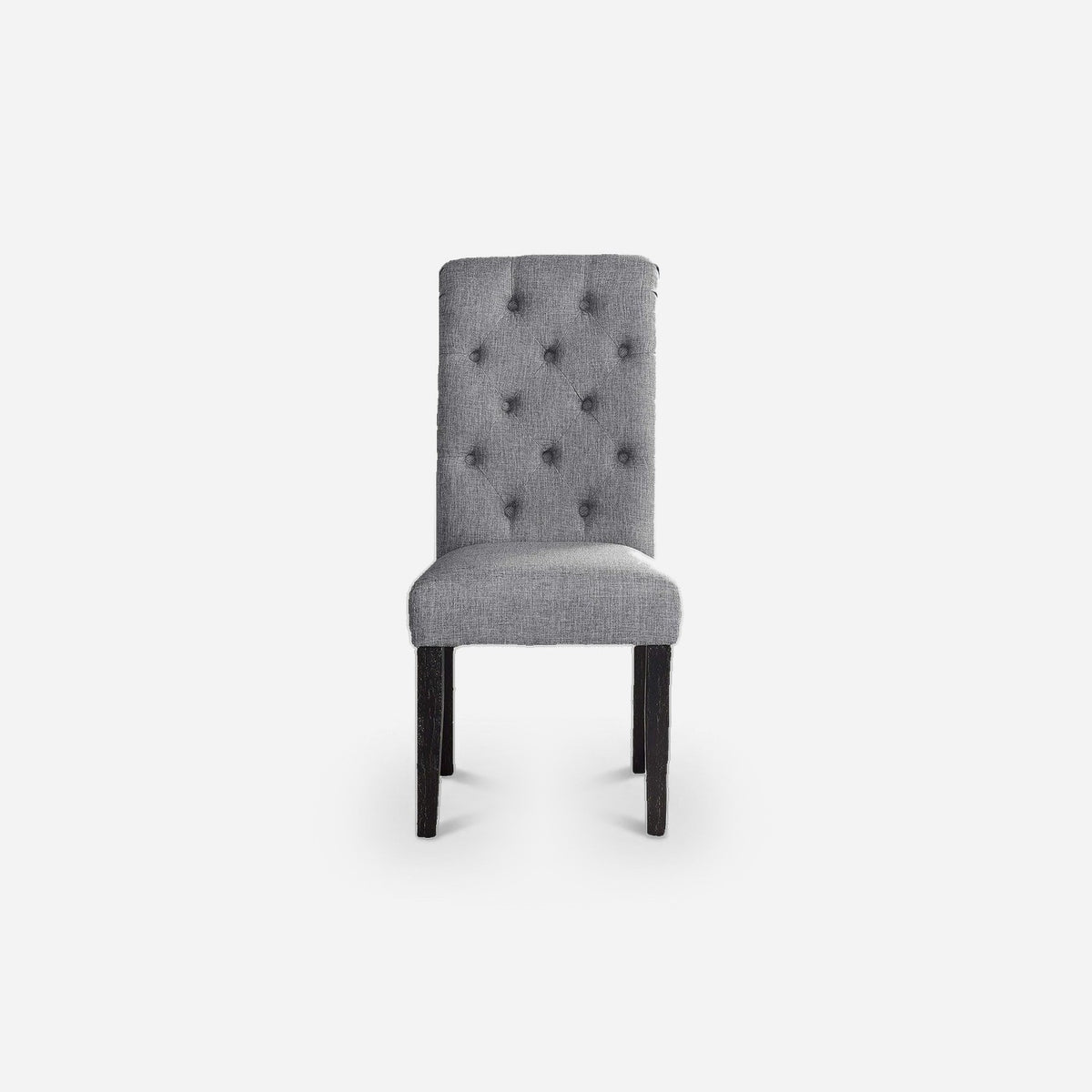 Gray linen-look tufted dining chair with rolled high back and dark wood legs