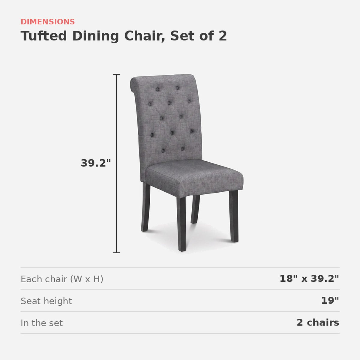 Dimensions of the tufted dining chair: 18 in. wide, 39.2 in. high, seat 19 in. (dimensions)
