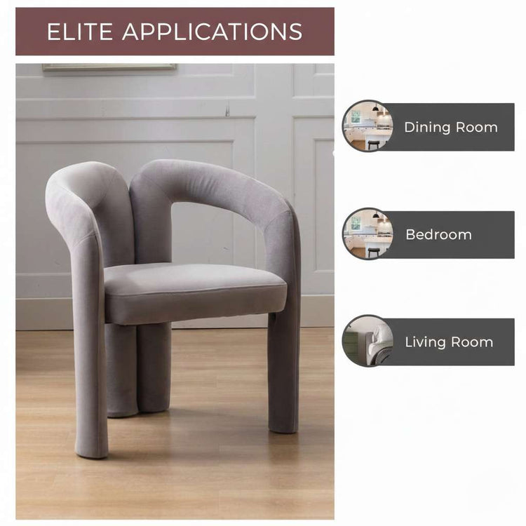 Velvet dining armchair with plush upholstery and curved back in a modern silhouette.