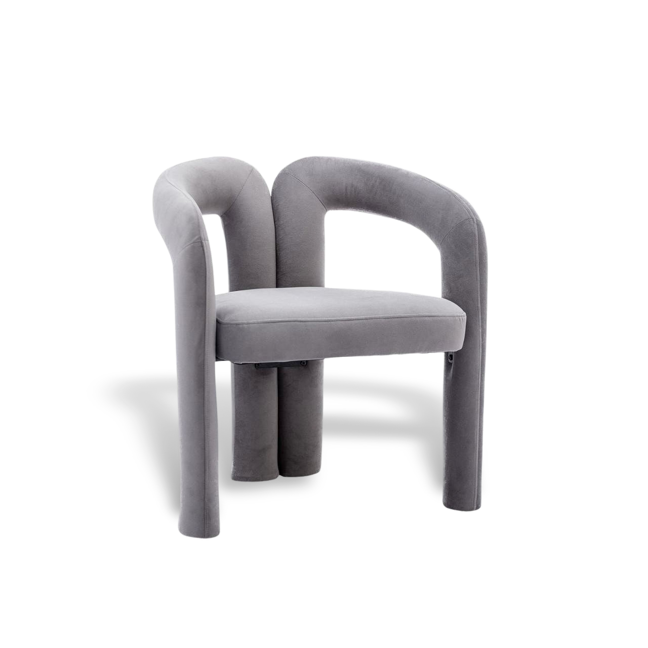 Gray velvet dining armchair with curved back and plush upholstery