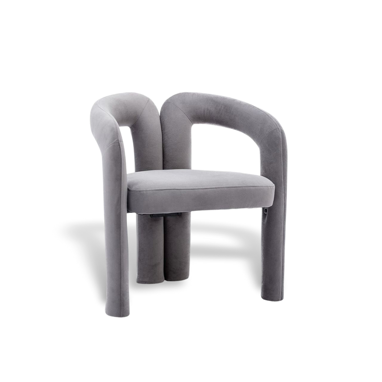Gray velvet dining armchair with curved back and plush upholstery
