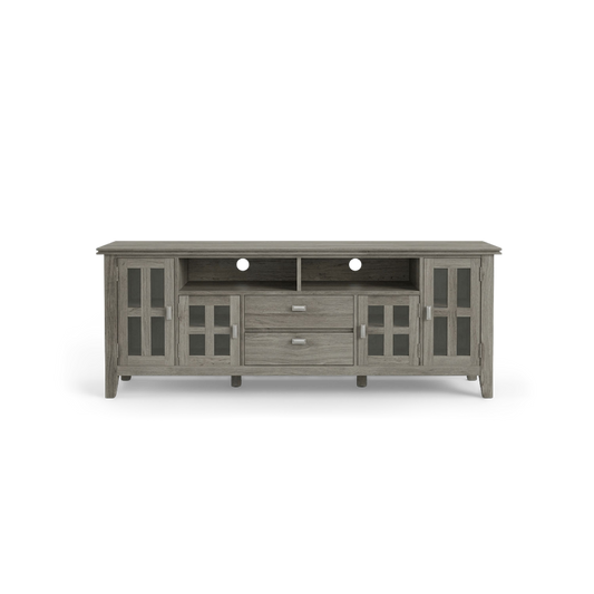Gray wood TV stand, 72 inches wide, with glass-panel doors and two drawers, front view (plain studio)