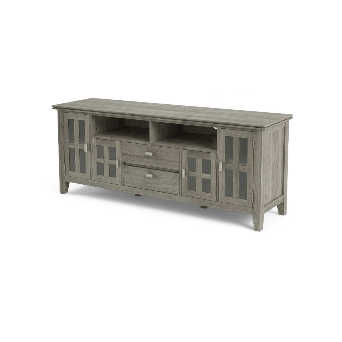 72 inch TV stand in distressed grey solid wood with glass doors, three-quarter view (plain studio)