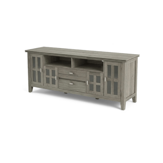 72 inch TV stand in distressed grey solid wood with glass doors, three-quarter view (plain studio)