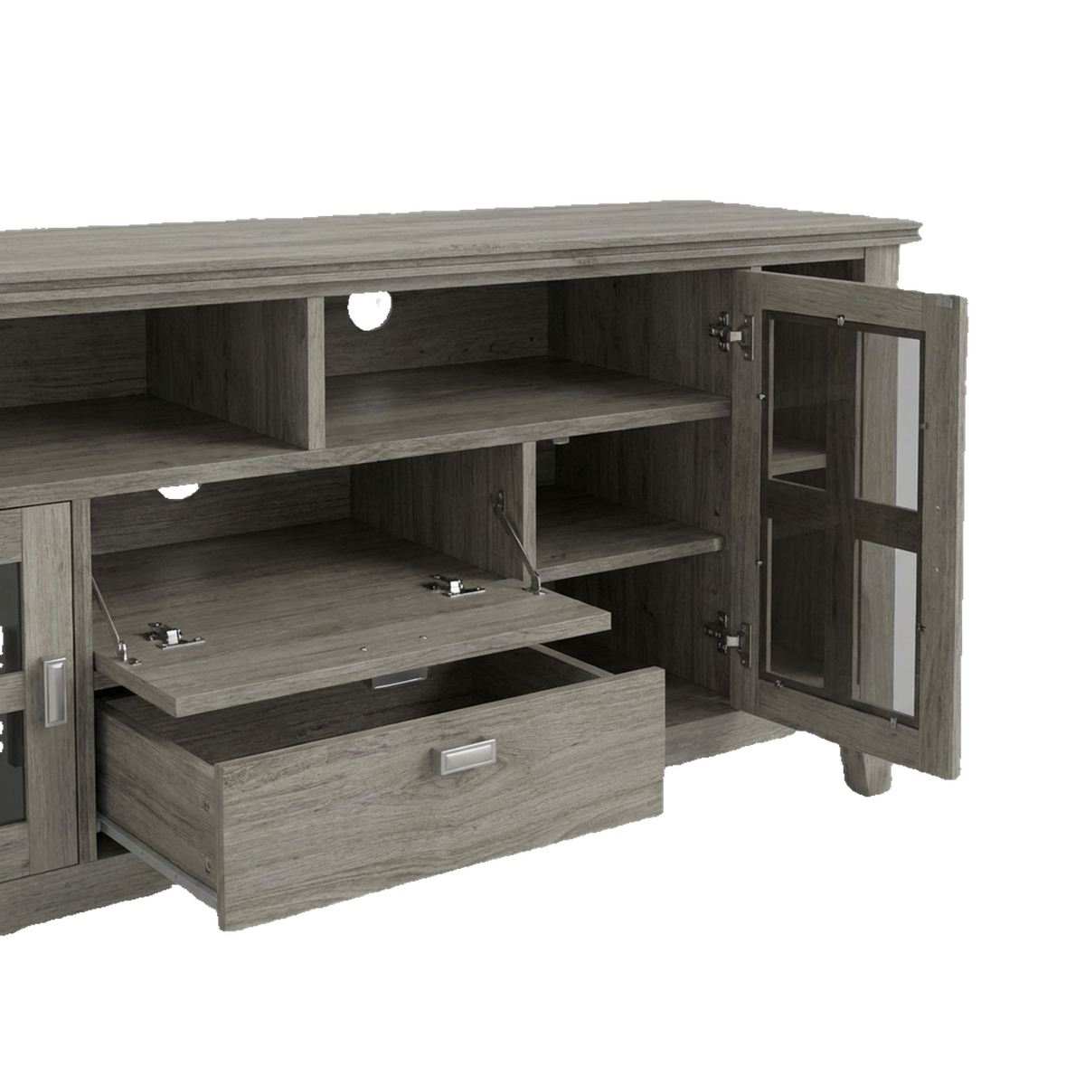 Open flip-down drawer, pull-out drawer and glass door on the TV stand (close-up detail)
