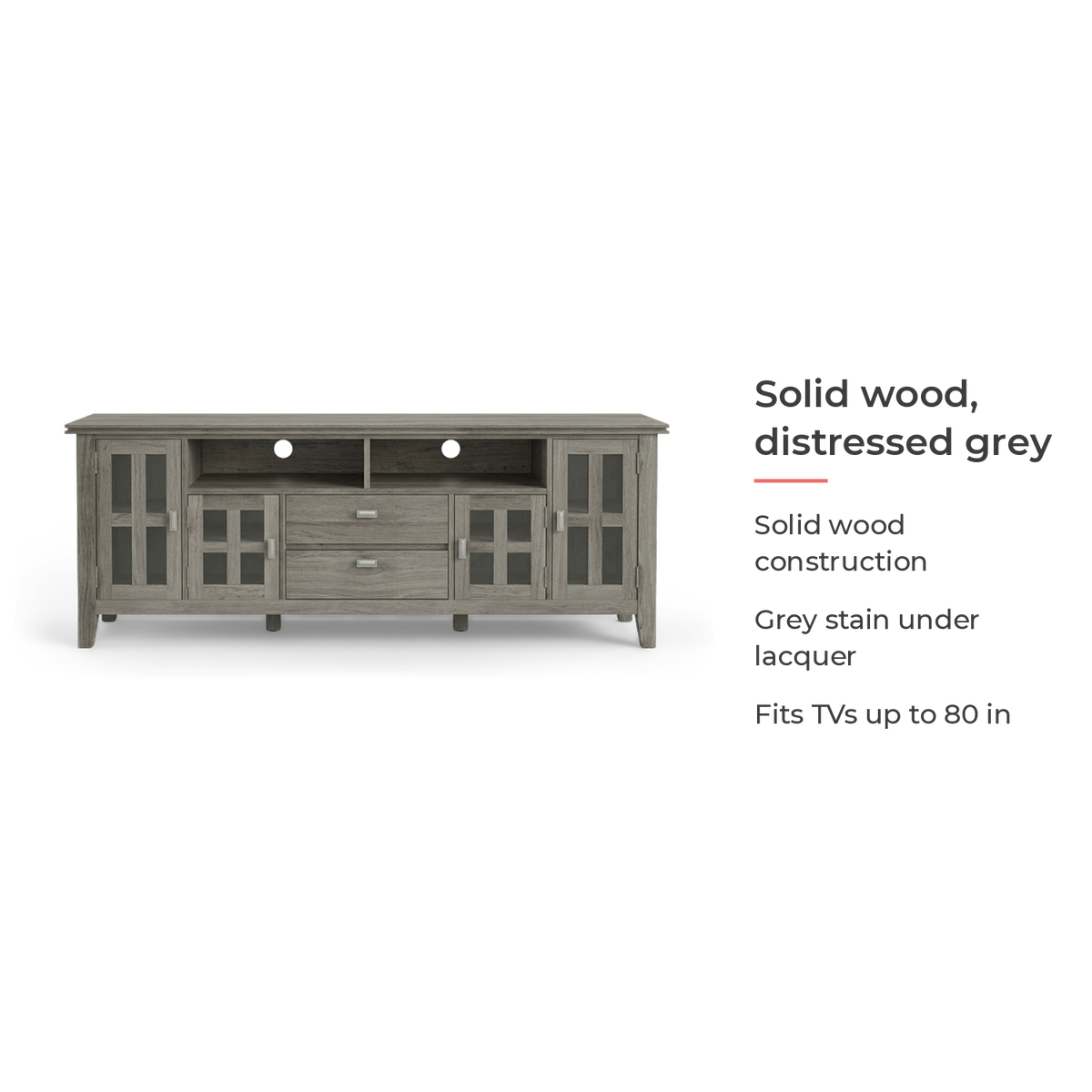 Solid wood, distressed grey finish card for the TV stand (feature callout)