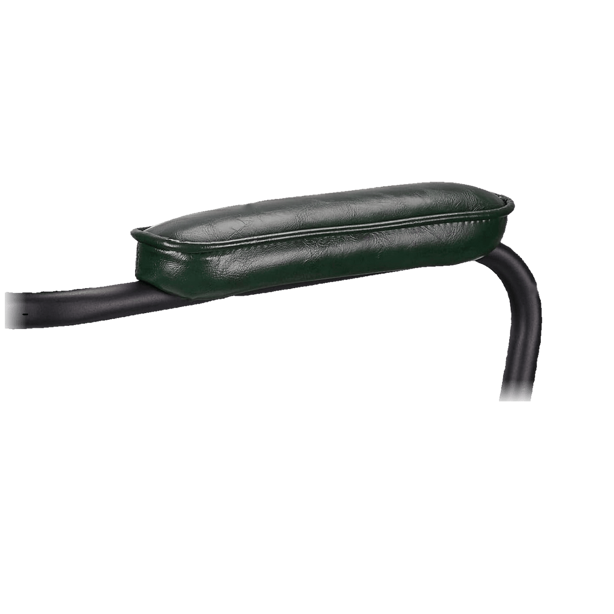 Padded green leather armrest on a black steel arm (close-up detail)