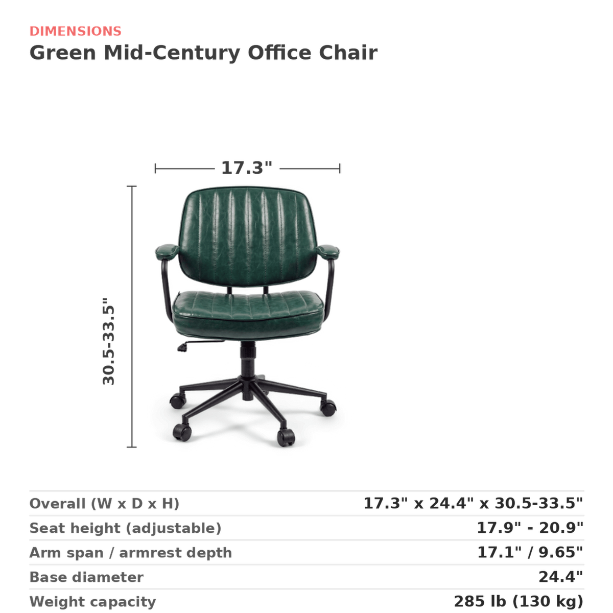 Dimensions card for the green leather office chair, 17.3 x 24.4 x 30.5 to 33.5 inches