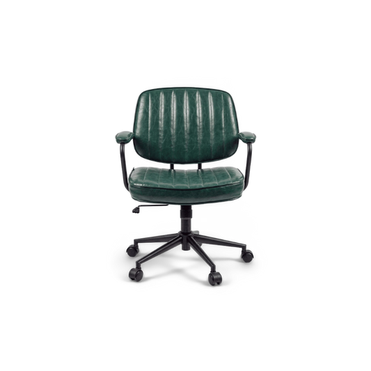 Green leather office chair front view with channel-stitched backrest and padded arms