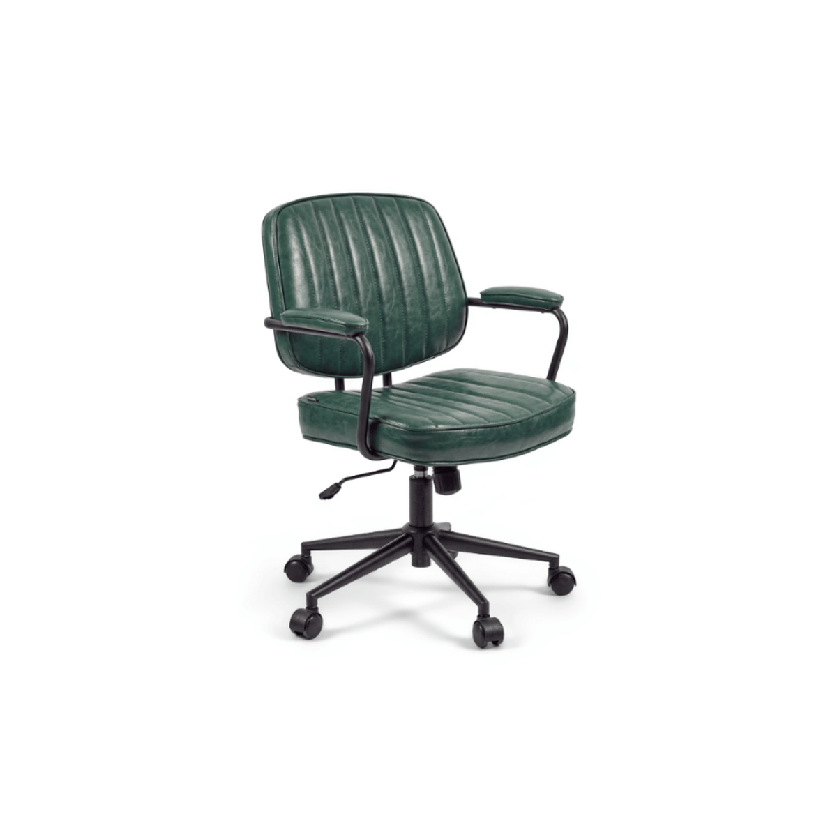 Green leather office chair three-quarter view showing the black swivel base