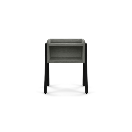 Grey accent table with an open shelf and black metal legs, front view