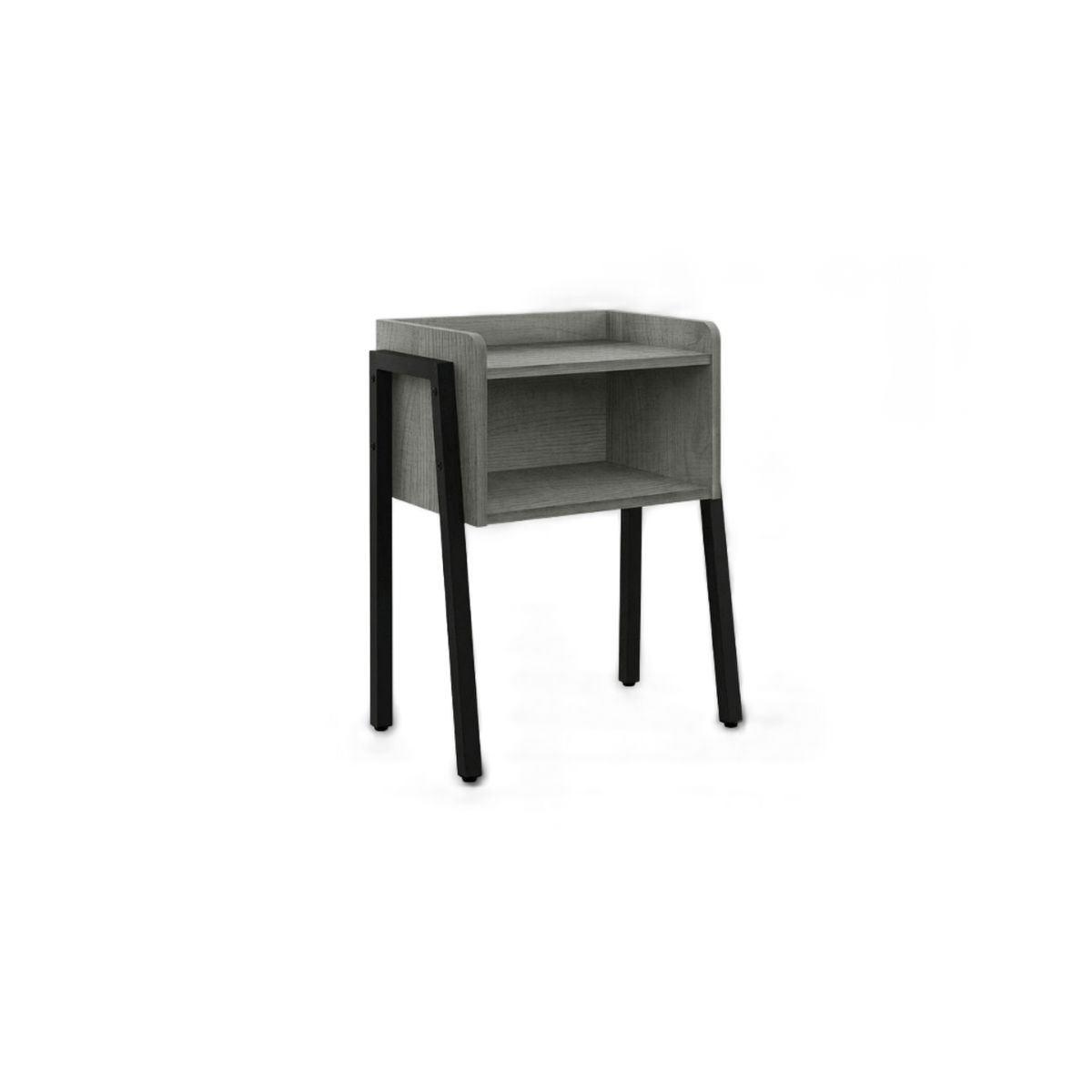 Open shelf end table in grey with black metal legs, rotated view