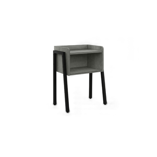 Open shelf end table in grey with black metal legs, rotated view