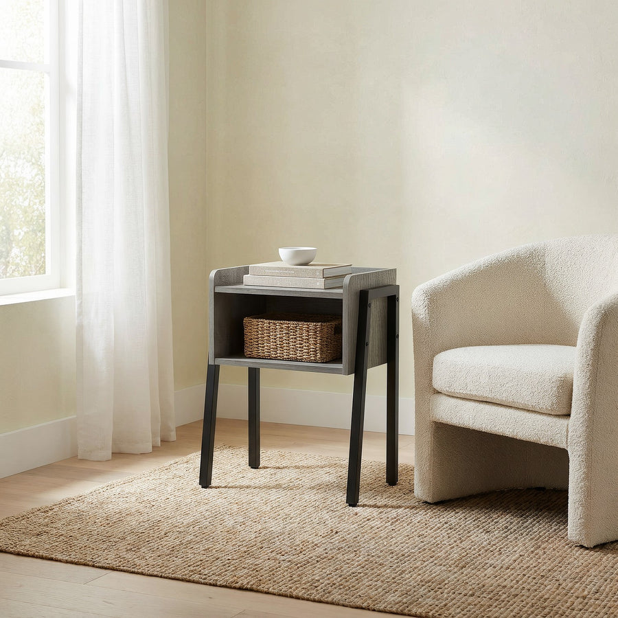 Grey Accent Table With Open Shelf, Black Metal Legs