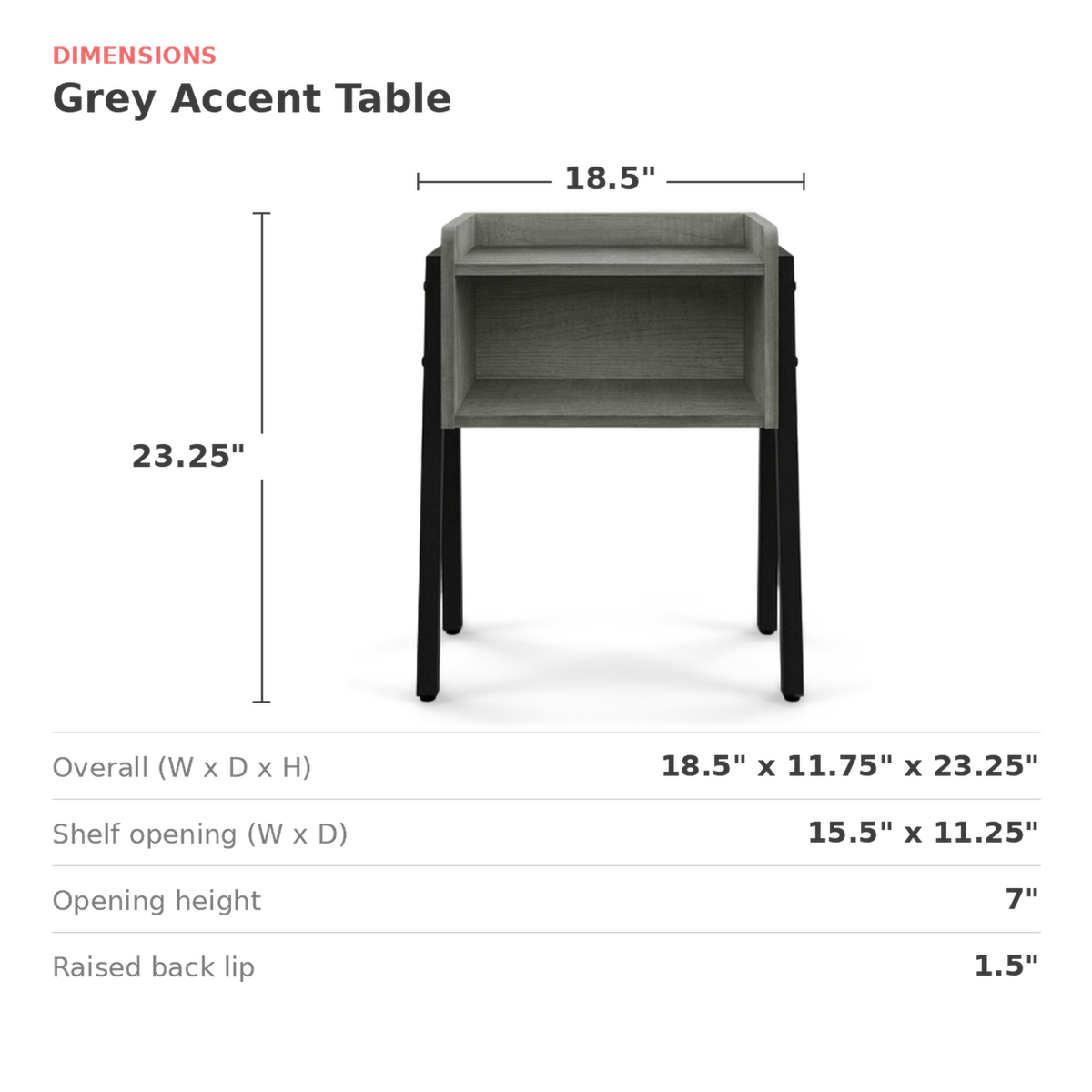 Table dimensions: 18.5 in. wide, 11.75 in. deep, 23.25 in. high (dimensions)