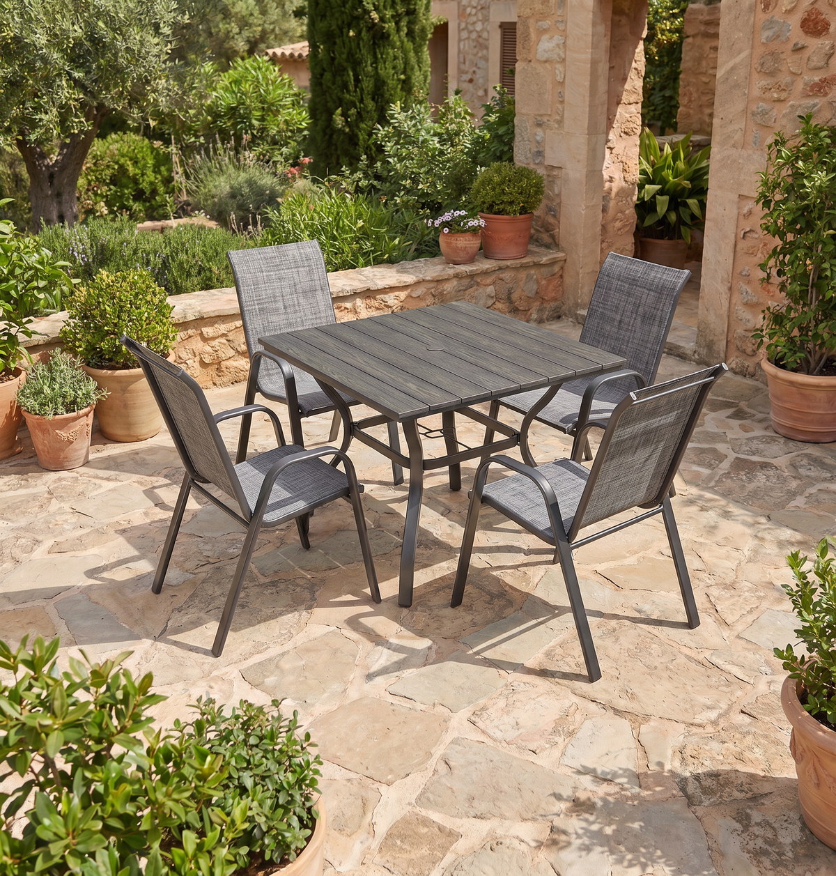 5-piece patio dining set in heather charcoal-grey basket-weave sling fabric (environmental)