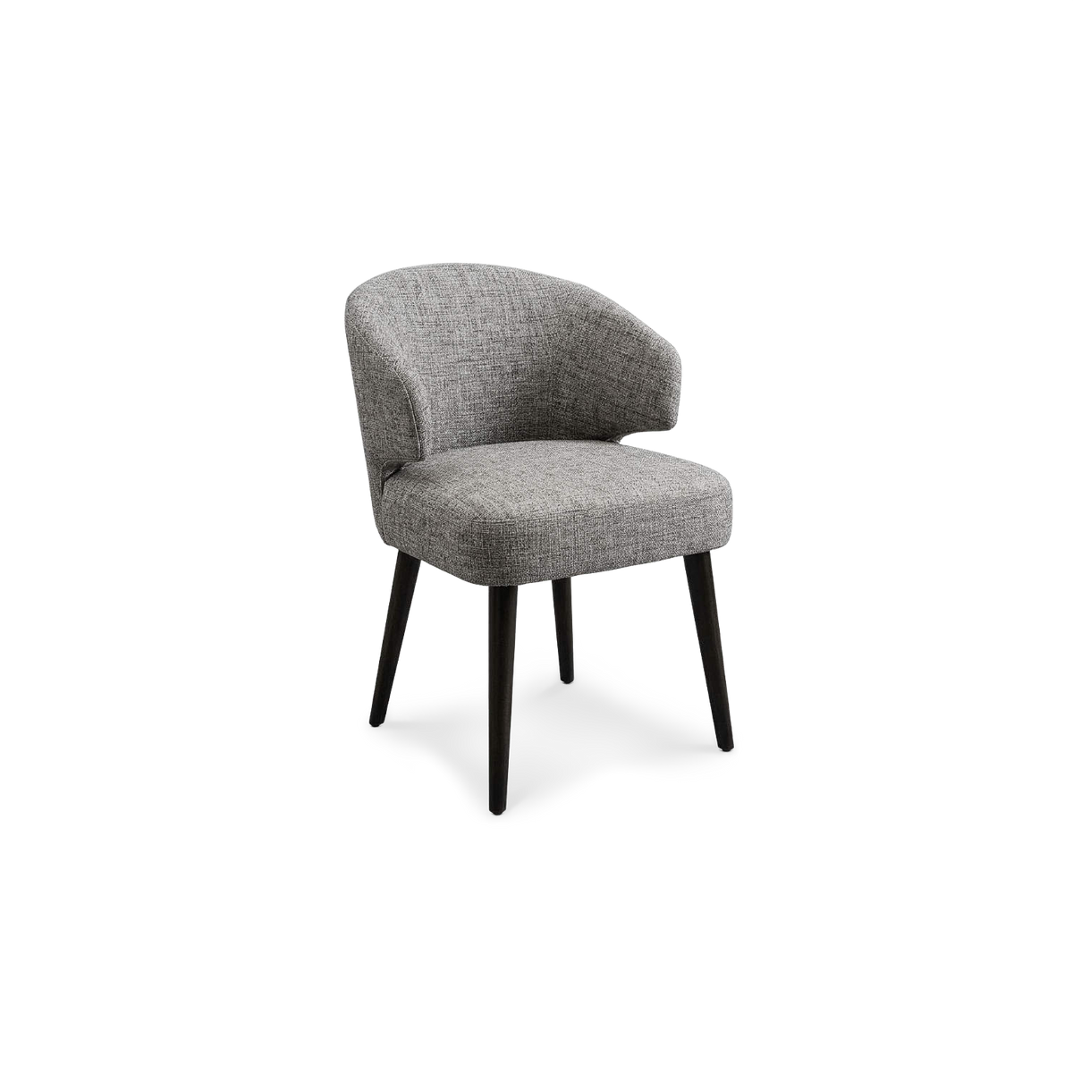 Grey Fabric Upholstered Dining Chair with Wood Legs, angled view on transparent background (plain studio)