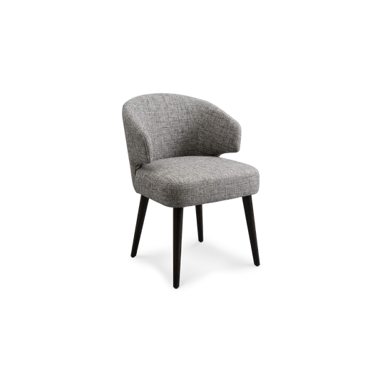 Grey Fabric Upholstered Dining Chair with Wood Legs, angled view on transparent background (plain studio)