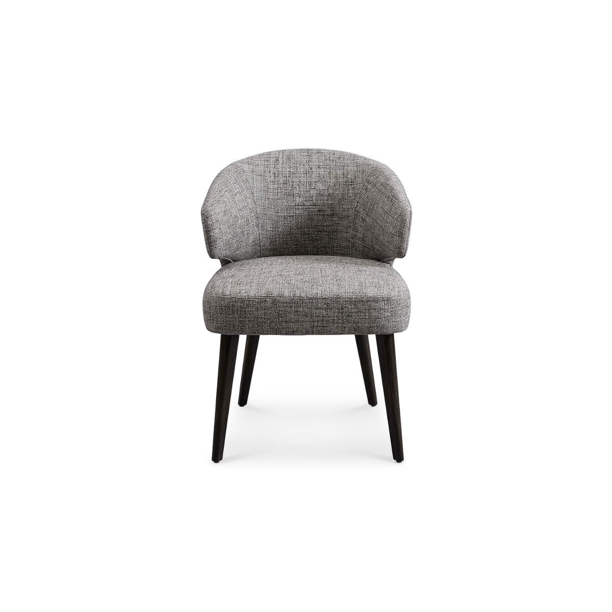 Grey Fabric Upholstered Dining Chair with Wood Legs, straight front view on transparent background (plain studio)