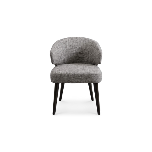 Grey Fabric Upholstered Dining Chair with Wood Legs, straight front view on transparent background (plain studio)