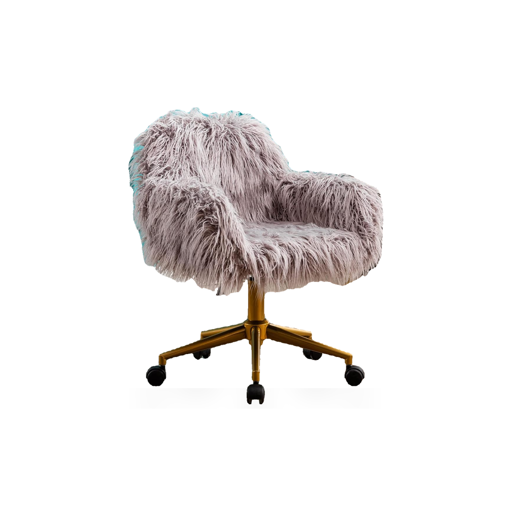 Grey faux fur chair with chrome base and adjustable height on a #f3f3f3 studio background