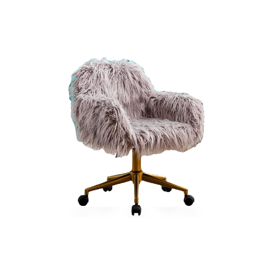 Grey faux-fur task chair with gold base on a #f3f3f3 studio background