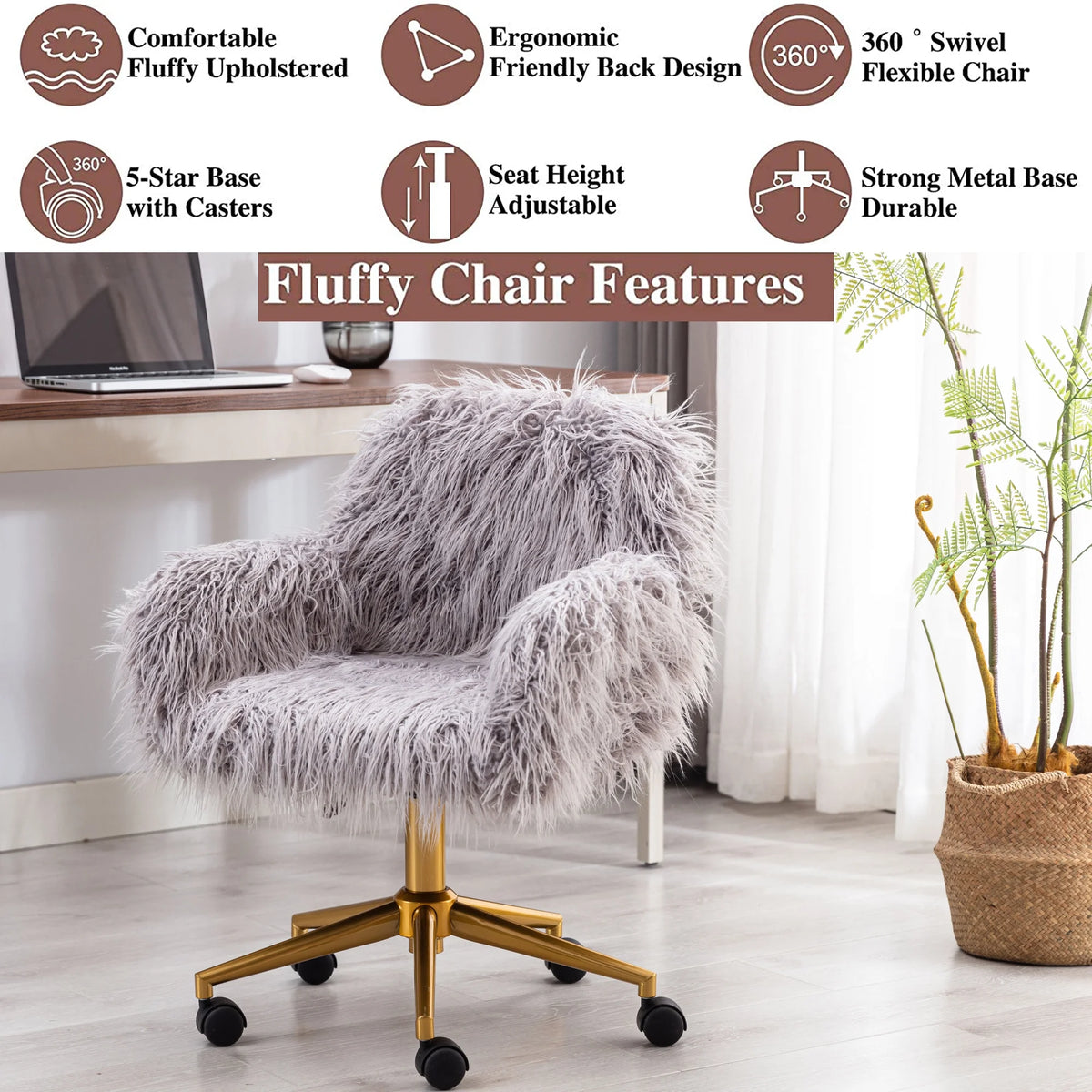 Grey faux-fur office chair with chrome base and adjustable height for desks (feature callout)