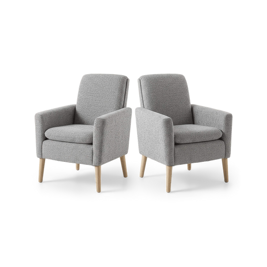 Grey linen accent chairs set of 2 with solid wood legs, angled view (plain studio)