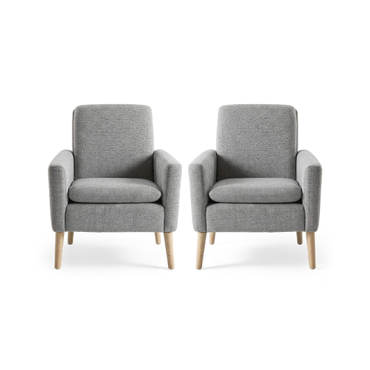 Grey linen accent chairs set of 2 with solid wood legs, front view (plain studio)