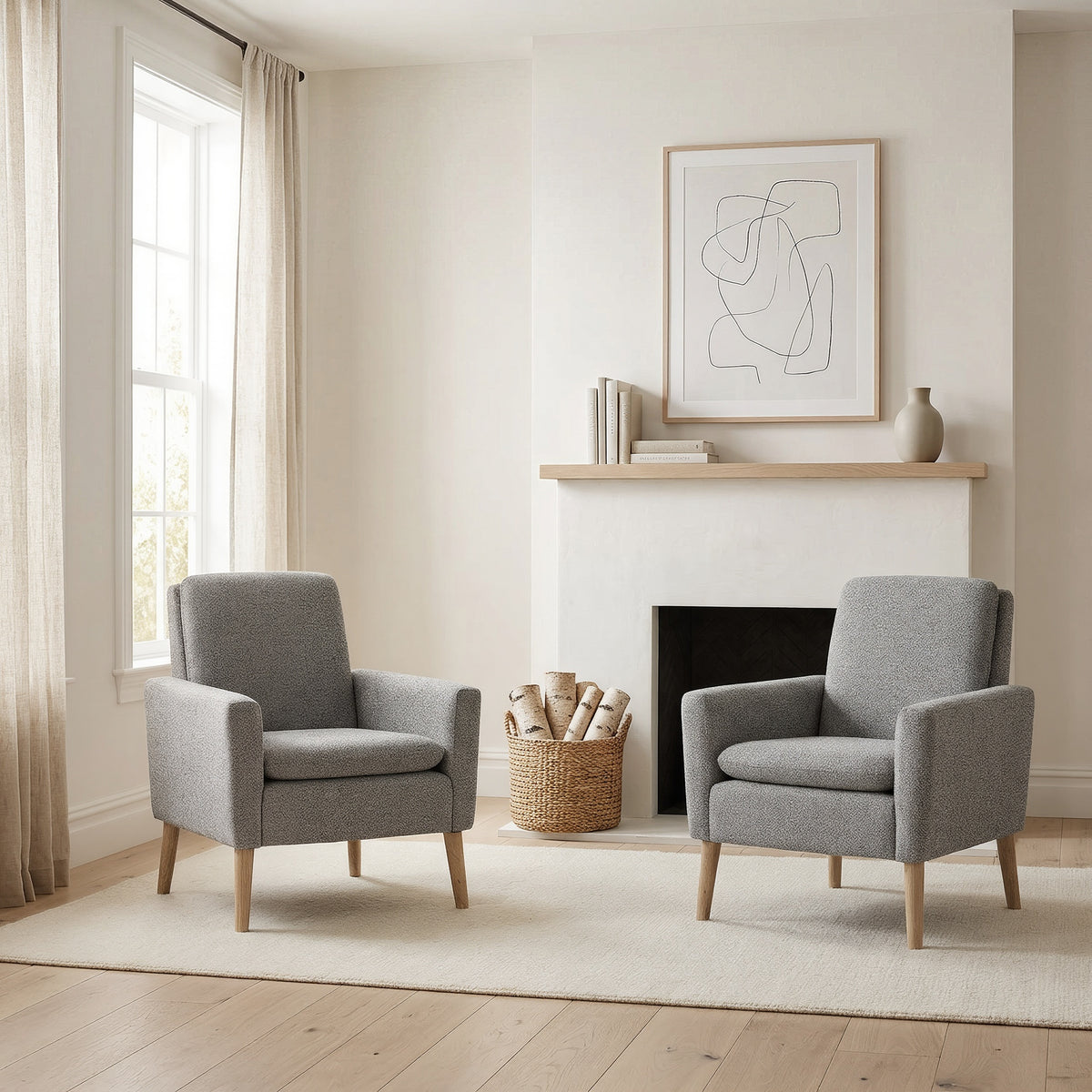 Grey linen accent chairs set of 2 beside a living room fireplace