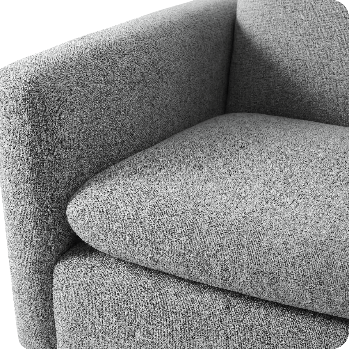 Soft padded seat cushion of the grey linen accent chair (close-up detail)