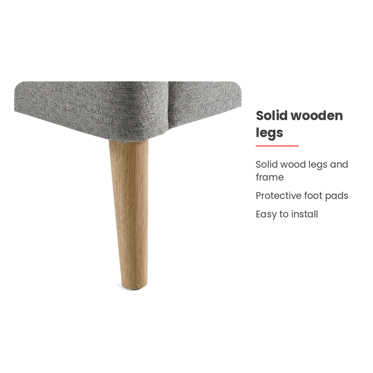 Solid wood legs features of the grey linen accent chair (feature callout)