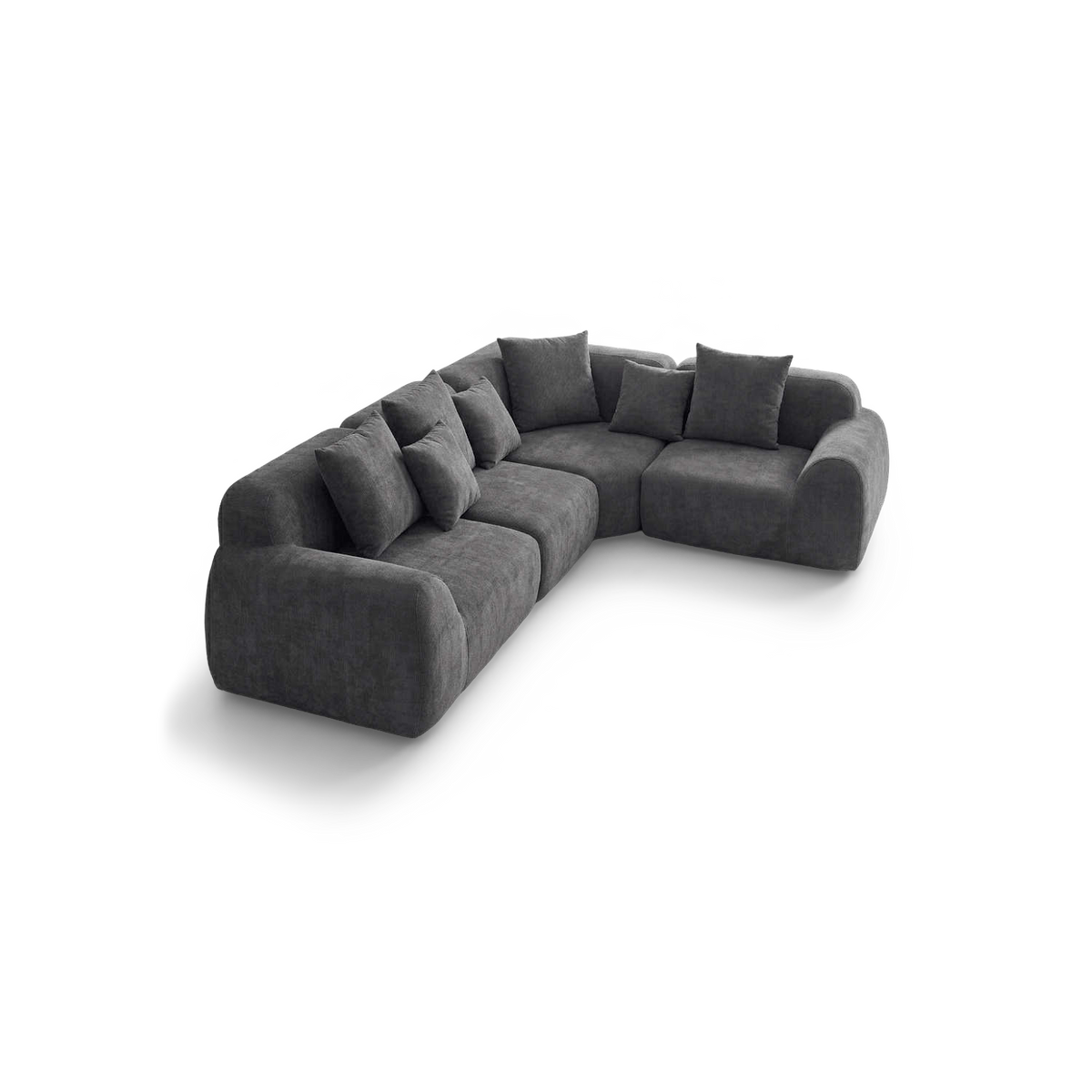 Grey Velvet Cloud Sectional Sofa 118" with L-Shaped Chaise, angled view on transparent background (plain studio)