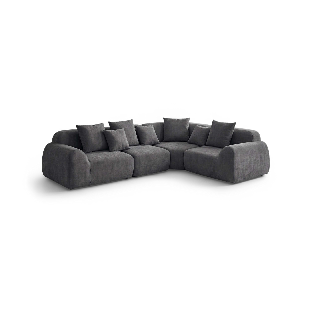 Grey Velvet Cloud Sectional Sofa 118" with L-Shaped Chaise, straight front view on transparent background (plain studio)