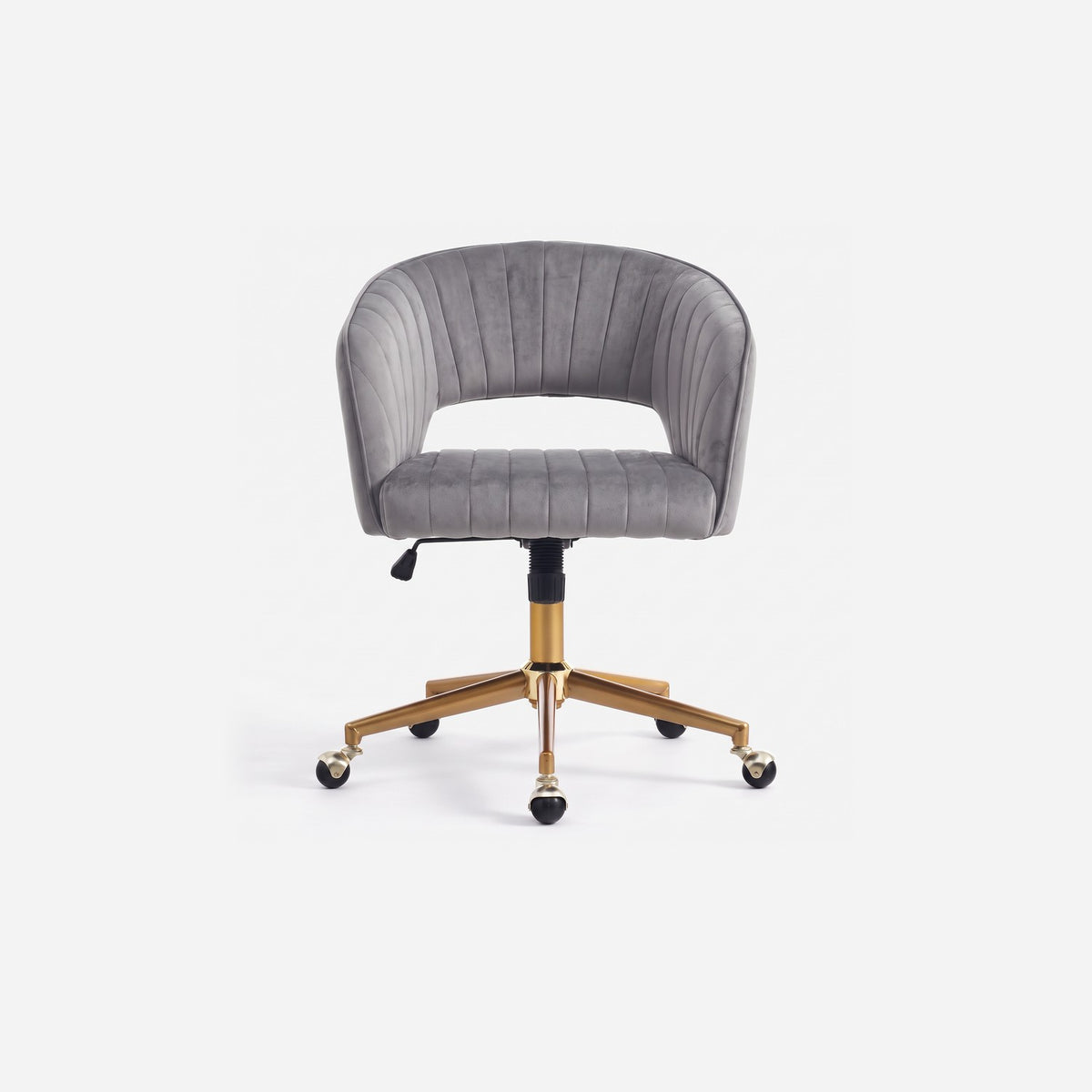 Grey velvet desk chair, straight front view on a #f3f3f3 ground (plain studio)