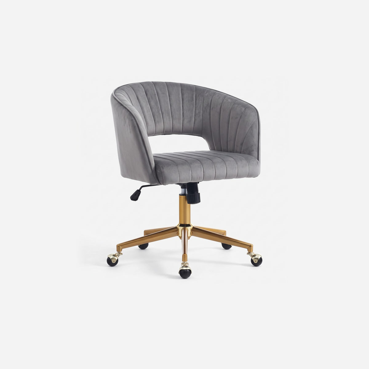 Grey and gold office chair in a three-quarter view on a #f3f3f3 ground (plain studio)