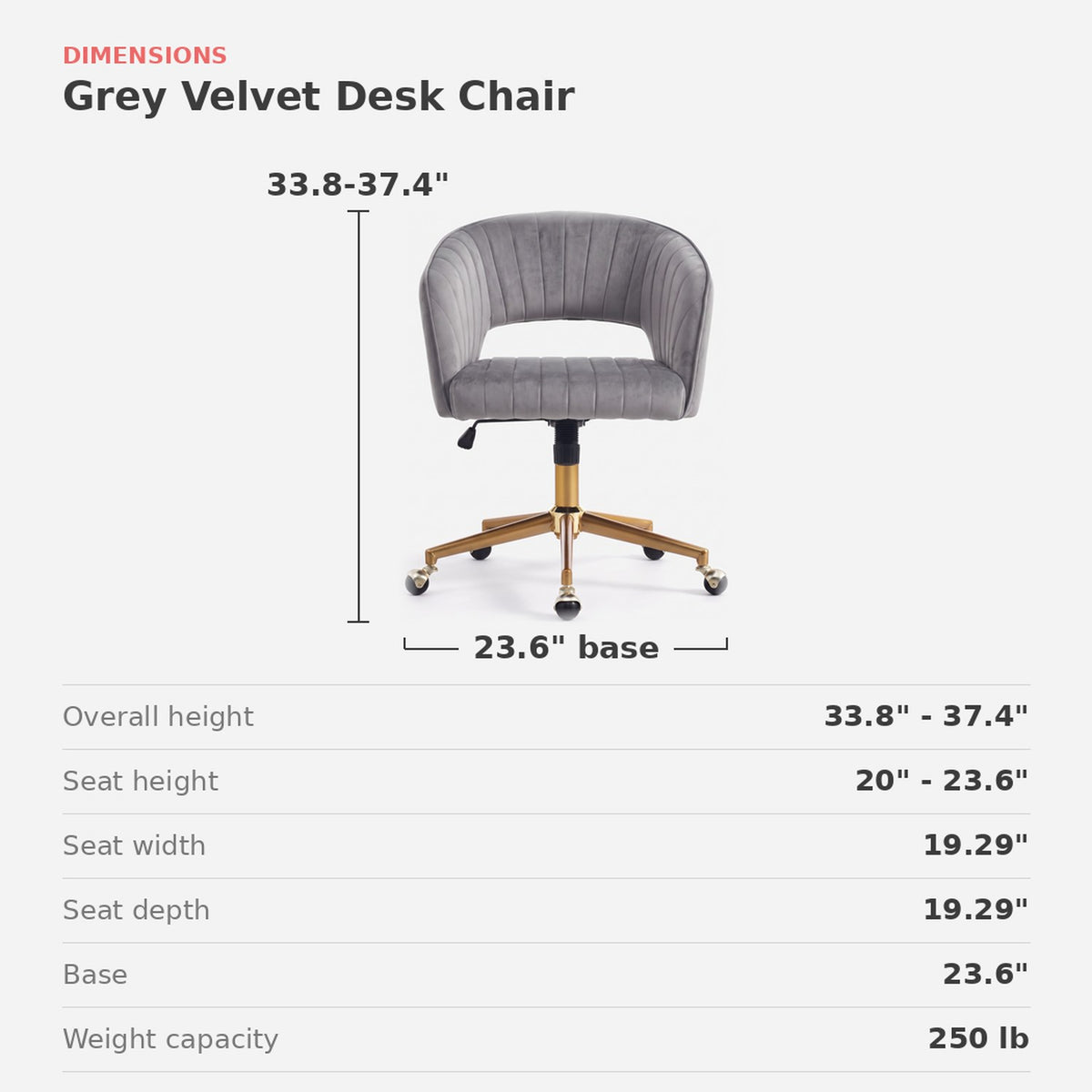 Dimensions of the chair: 33.8 to 37.4 in. high, seat 20 to 23.6 in. high, 19.29 in. wide and deep, base 23.6 in. (dimensions)