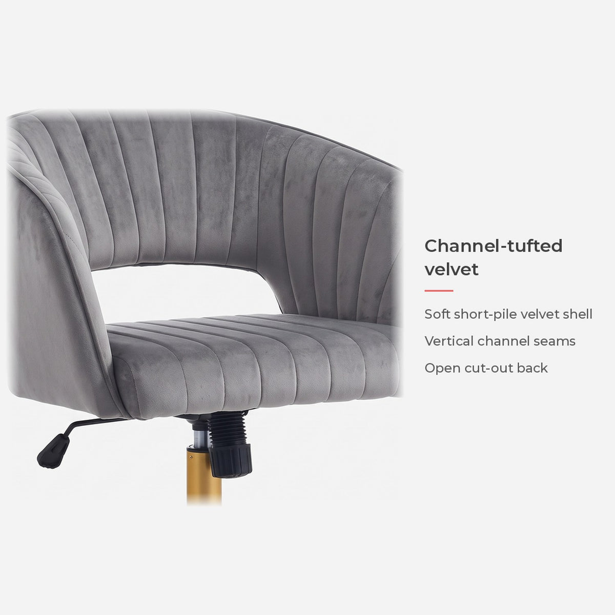 Card on the channel-tufted velvet shell with its open cut-out back (feature callout)