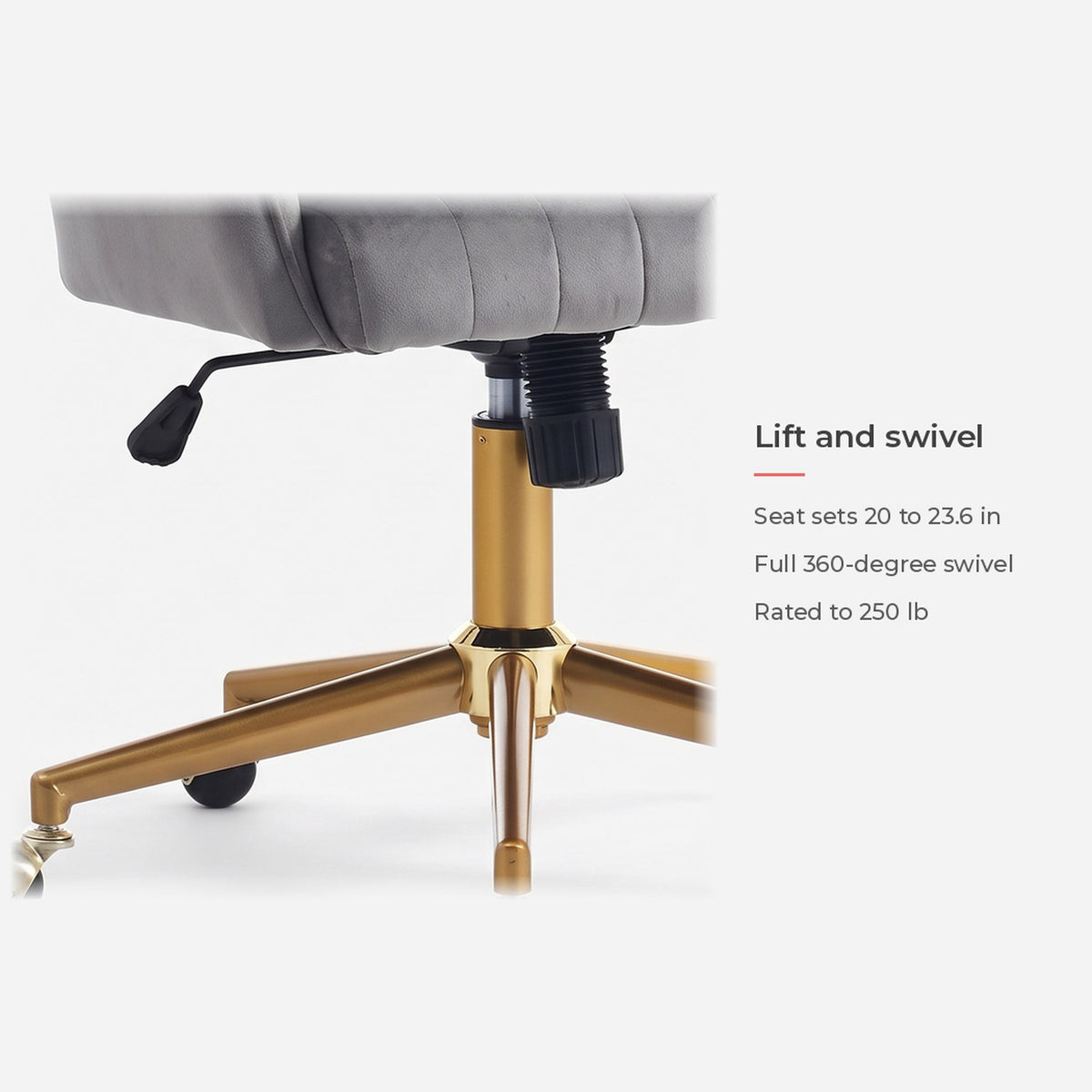 Card on the lever height adjustment, 360-degree swivel and 250 lb rating (feature callout)
