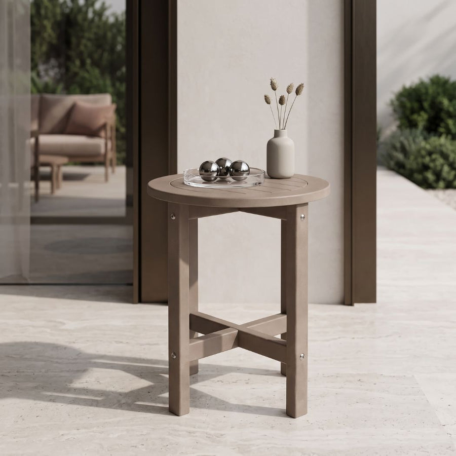 HDPE Round Patio Side Table, 16 Inch Slatted, All-Weather